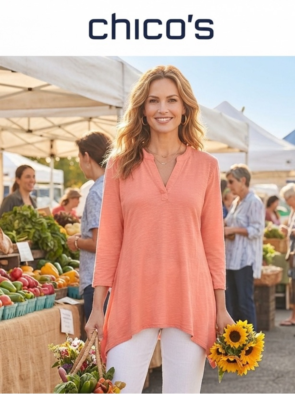 Chico's Coral Split-Hem V-Neck Tunic